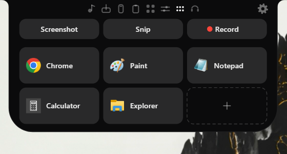 แท็บ Launcher: ปุ่ม Screenshot, Snip และ Record อยู่เหนือช่องแอปหกช่องที่มี Chrome, Paint, Notepad, Calculator และ Explorer