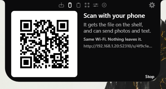แท็บ Phone แสดงรหัส QR ข้างข้อความ Scan with your phone พร้อมปุ่ม Stop