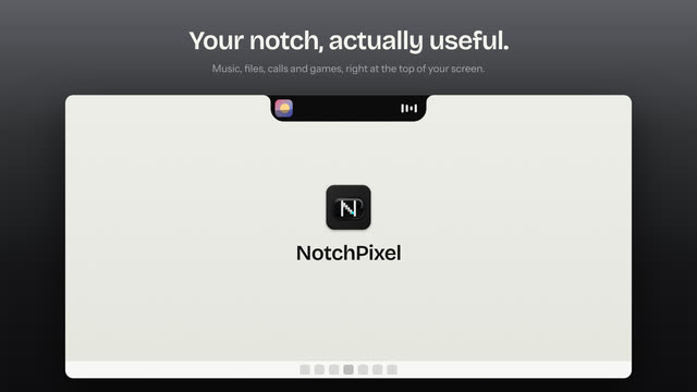 The NotchPixel notch, closed, at the top centre of a light desktop, with the NotchPixel app icon in the middle of the screen. Headline: Your notch, actually useful.