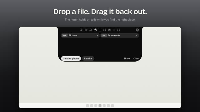The file shelf holding the Pictures and Documents folders, with Send to phone, Receive, Share and Clear buttons.