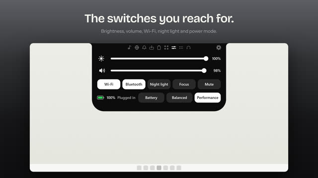 Brightness and volume sliders, switches for Wi-Fi, Bluetooth, night light, focus and mute, the battery level and three power modes.