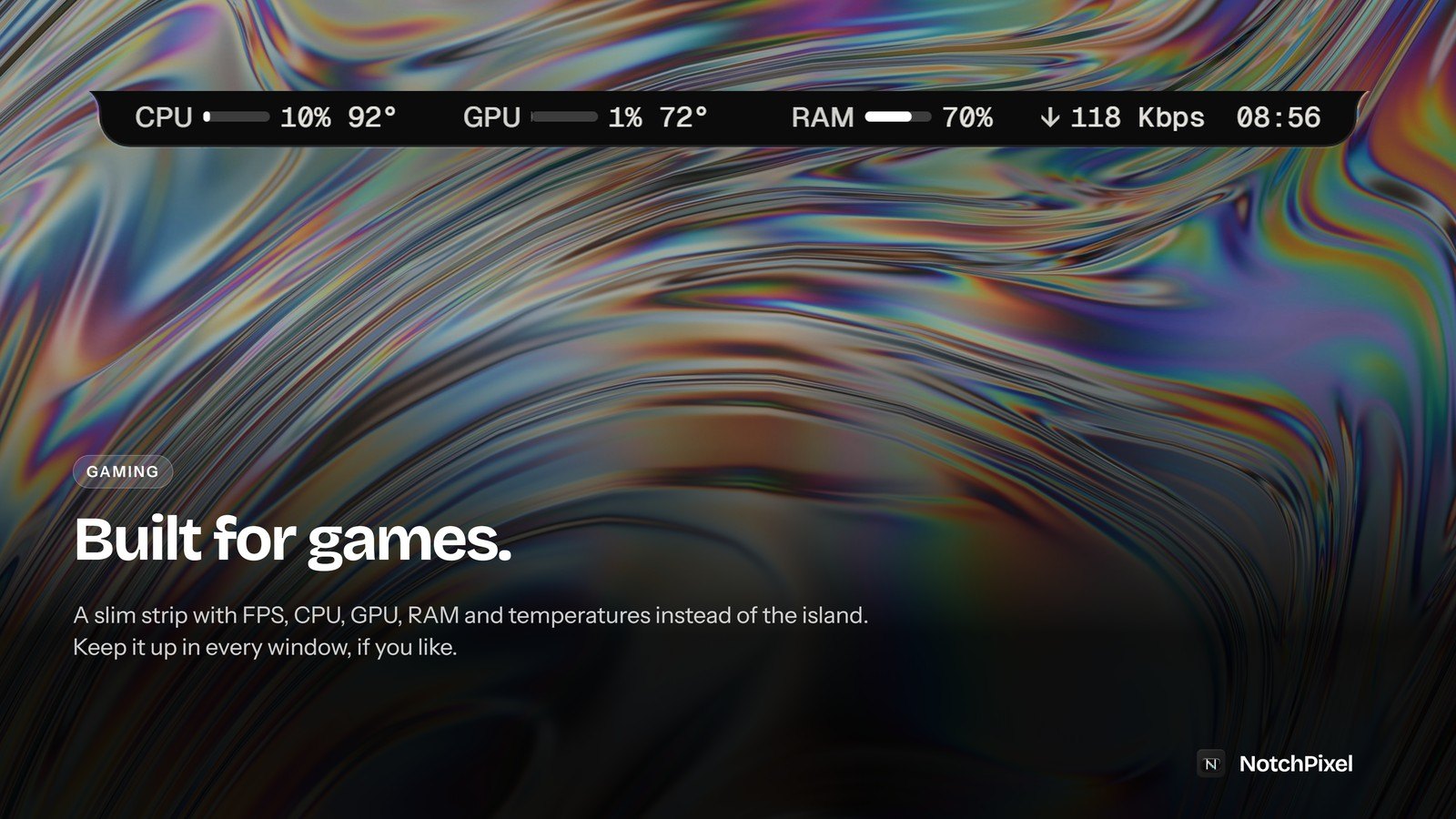 NotchPixel's slim strip at the top of the screen showing CPU, GPU and RAM use with temperatures, network speed and the time