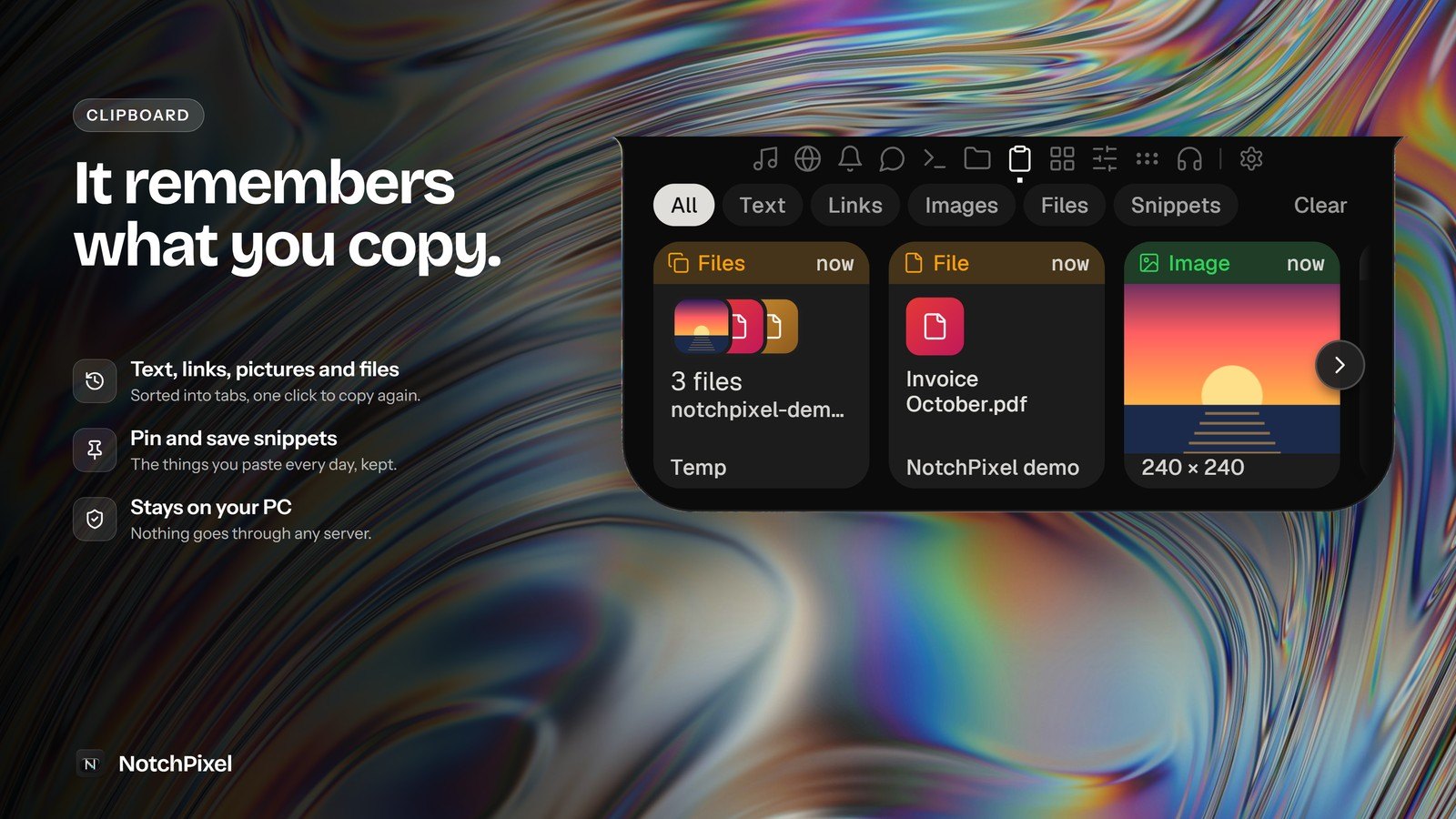 NotchPixel's clipboard history: files, a PDF and a picture in tabs for All, Text, Links, Images, Files and Snippets
